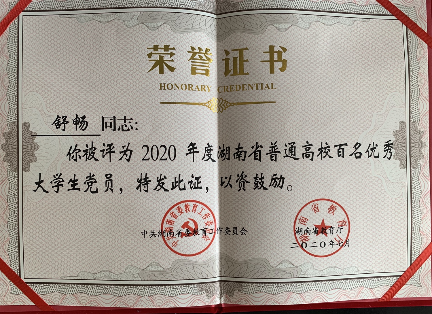 万泰娱乐平台學子獲評2020年度湖南省普通高校“百名優秀大學生黨員”